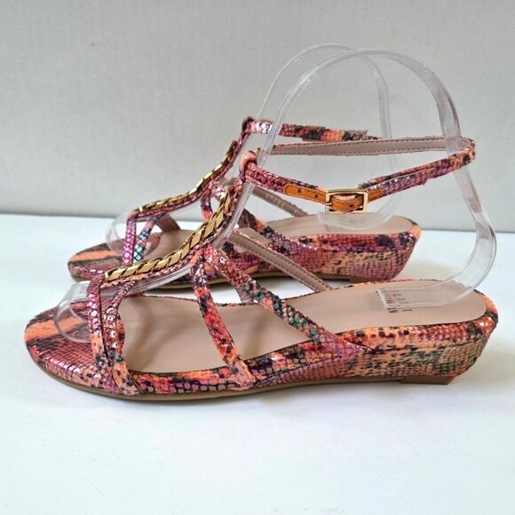 Stuart Weitzman Sandals 7 Pink Melon Tiffy Chain Trim Strappy Leather Wedge NEW - Picture 5 of 12